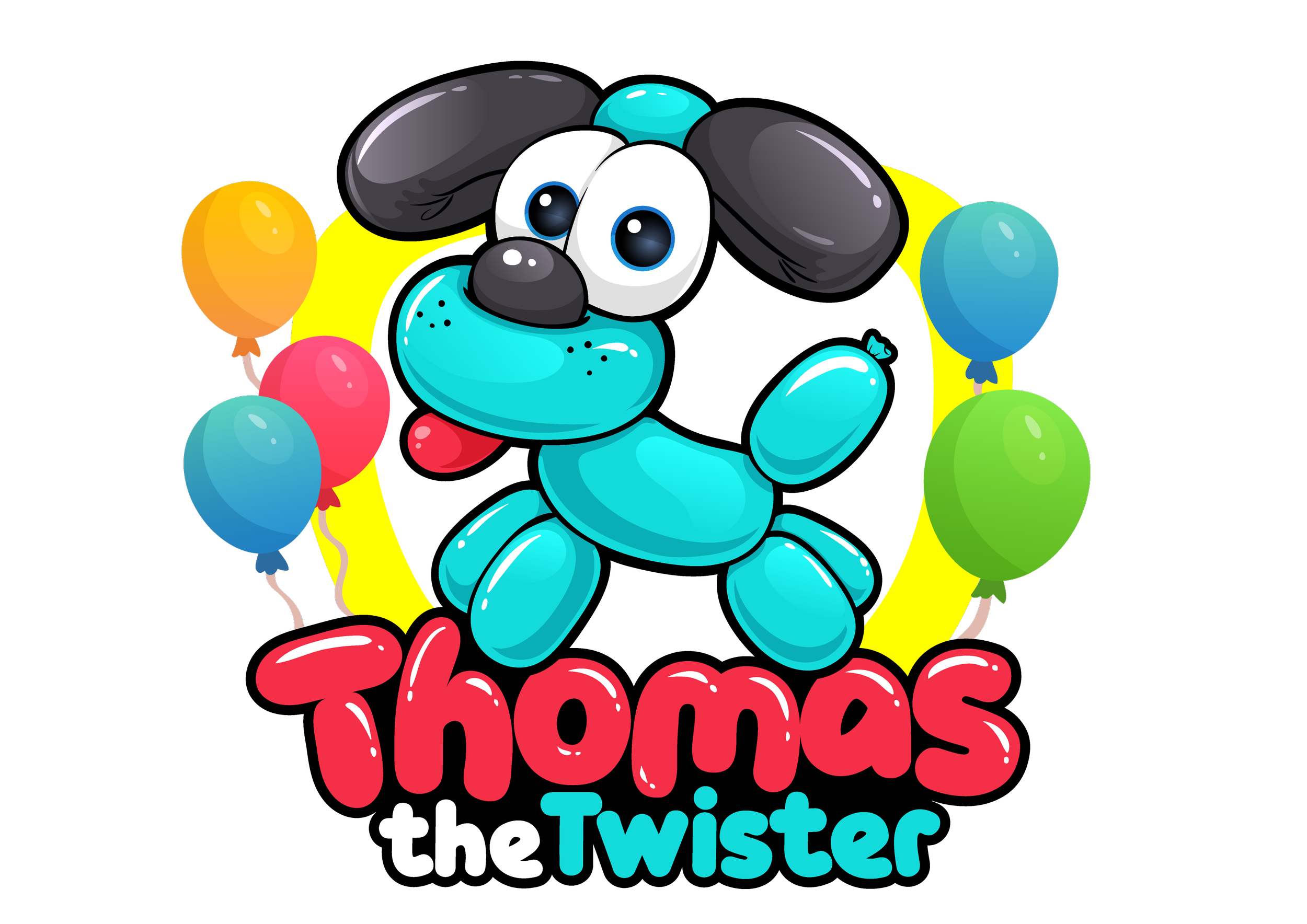 Cartoon image of a balloon dog character named Thomas the Twister, surrounded by colorful balloons, with the text "Thomas the Twister" at the bottom.