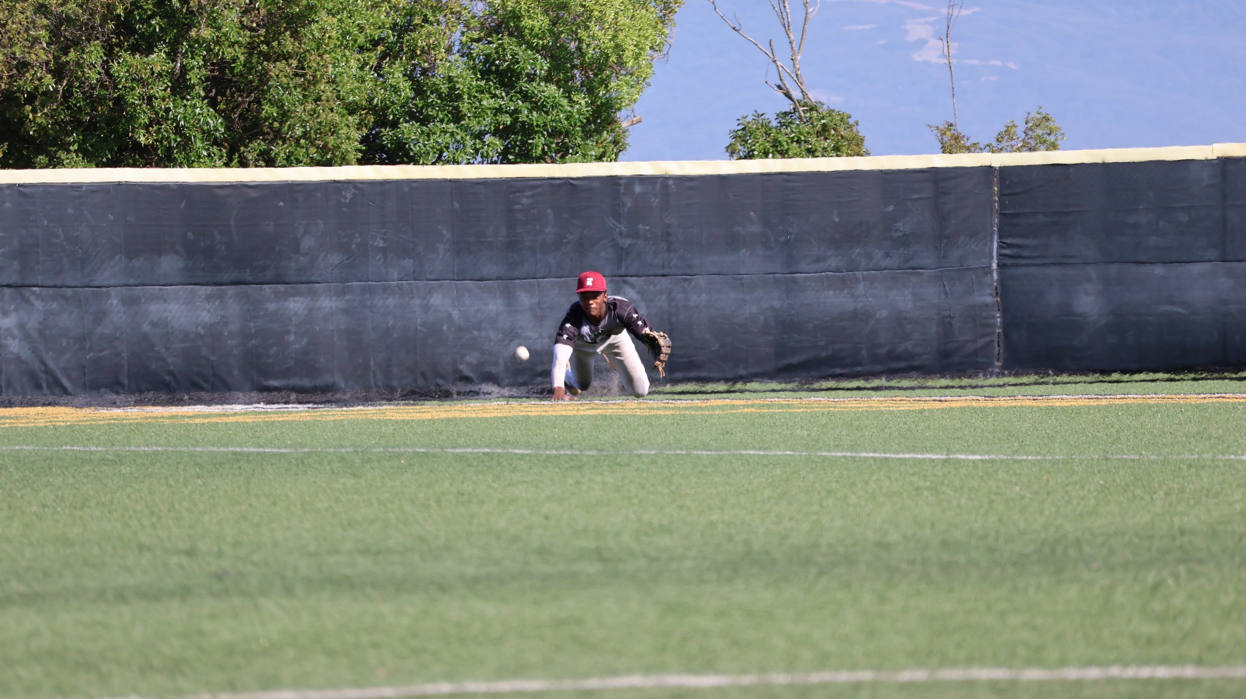 A baseball player in a black uniform and red cap making a leaping catch on the field in front of a black fence, with green trees and a blue sky in the background.