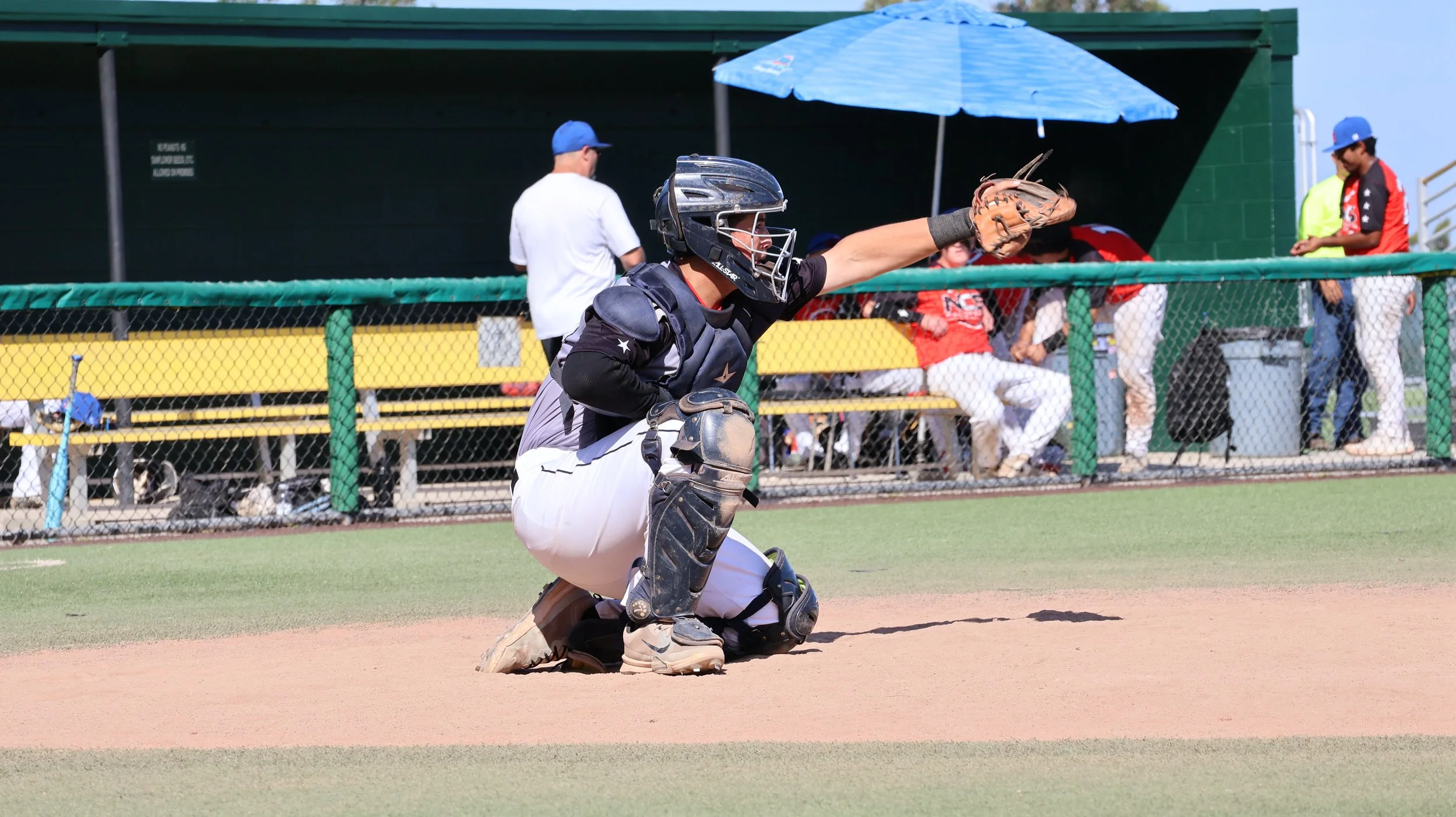 A baseball catcher squatting behind home plate, reaching out with his glove to catch a pitch during a game.