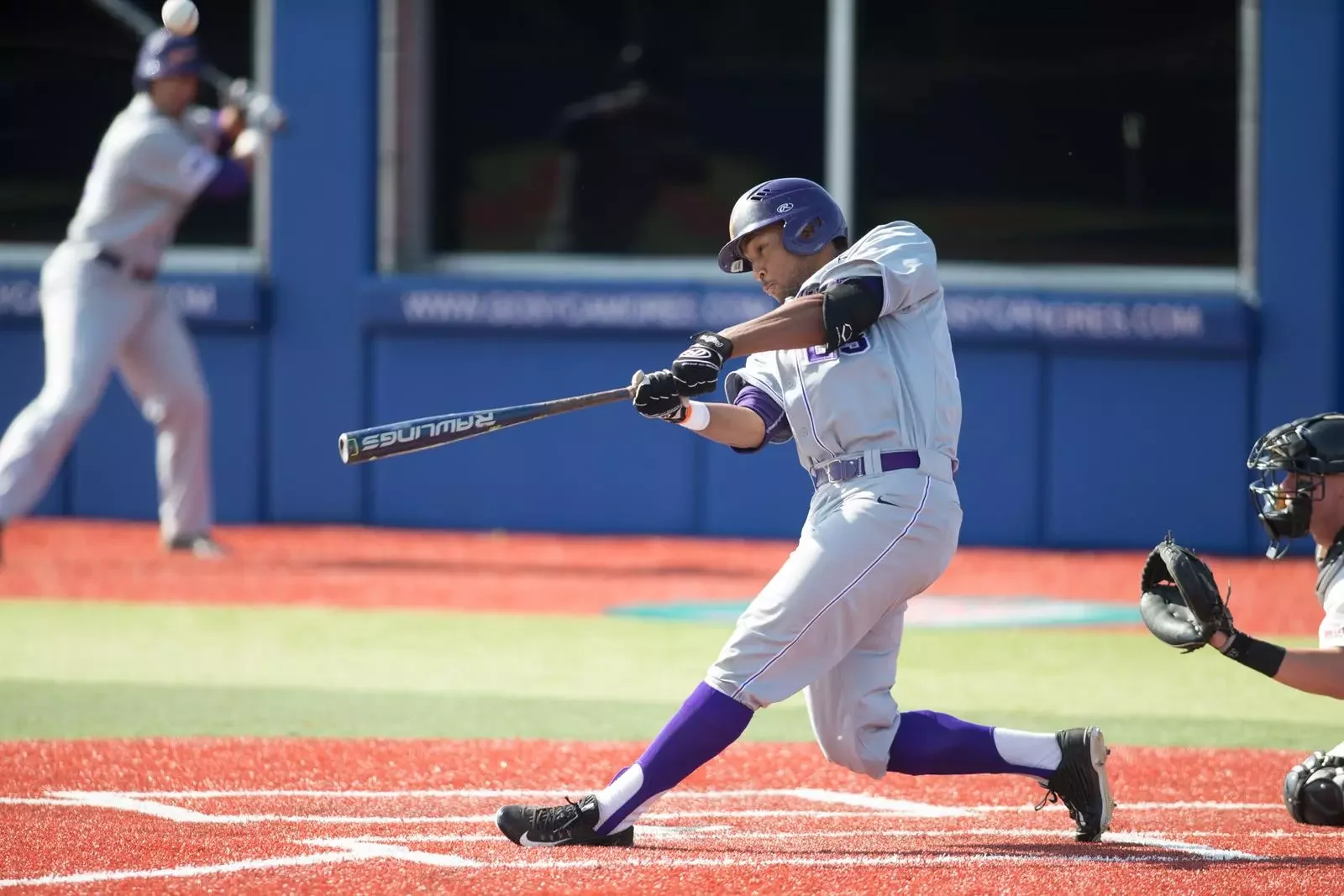 Korbin Williams hitting a ball for the University of Evansville baseball team.