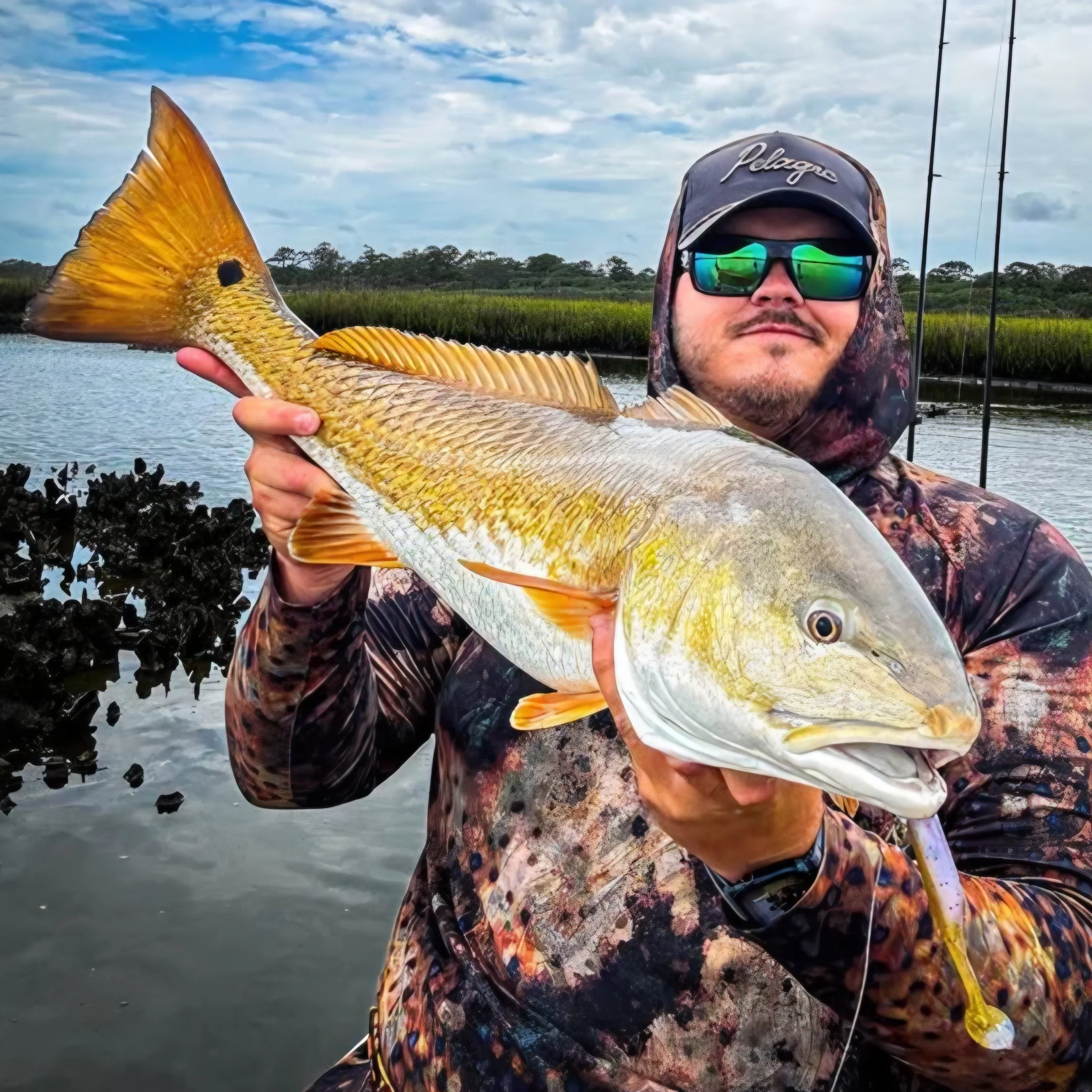 Angler holding a large redfish caught inshore in Florida marsh, showing off the catch with a soft plastic lure by Limit Out Lures visible in the fish's mouth