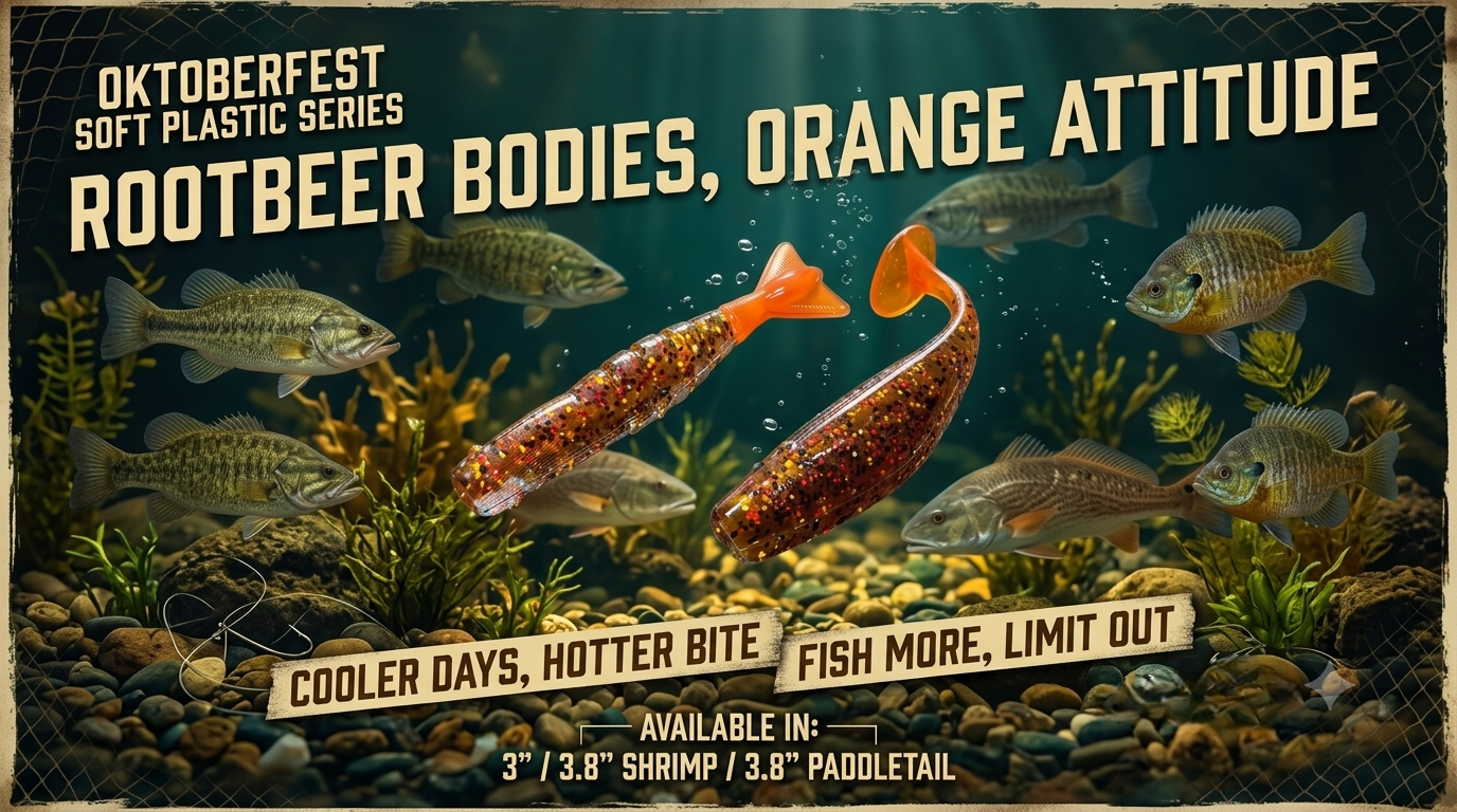 A promotional poster for Oktoberfest Soft Plastic Series fishing lures, featuring fish and soft plastic bait lures with a water and underwater plant background. The headline reads "Rootbeer Bodies, Orange Attitude" with additional text "Cooler Days, Hotter Bite" and "Fish More, Limit Out." The lures are available in 3-inch, 3.8-inch shrimp, and 3.8-inch paddletail sizes.