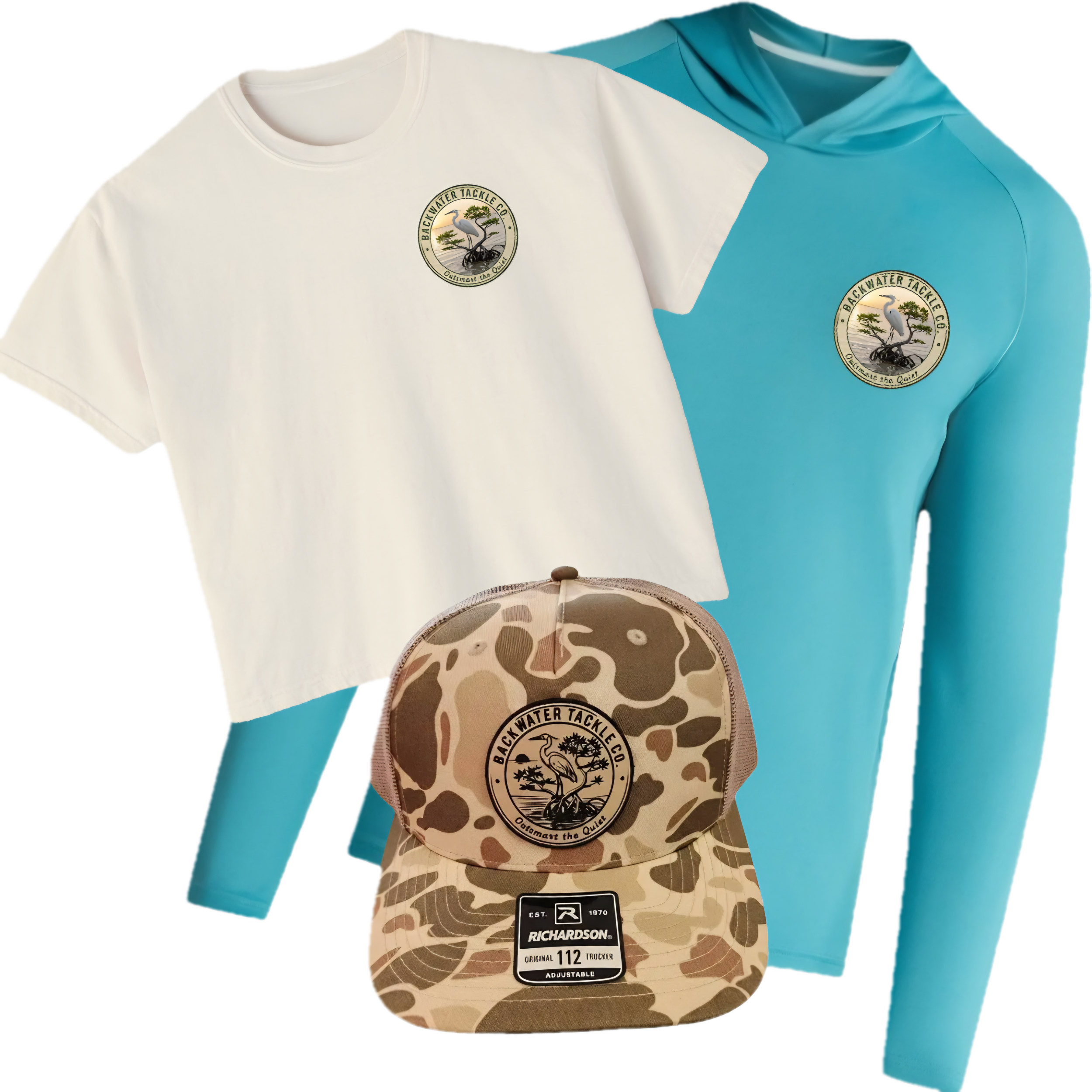 A white cropped t-shirt and a blue long-sleeve hoodie, both with a round logo featuring a heron, a tree, and the text 'Backwater Tackle Co.' The t-shirt is accompanied by a camouflage baseball cap with the same logo.
