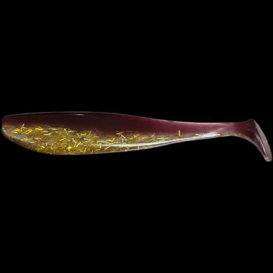 Custom 5 inch paddle tail gold glitter with purple top limit out lures