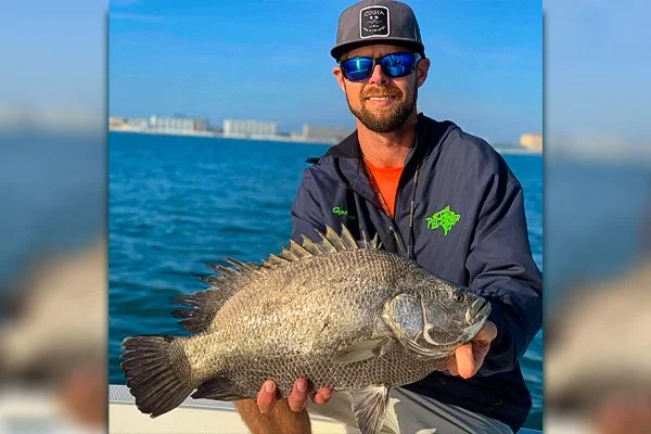 Man in sunglasses and a baseball cap holding a large fish on a boat with water and a city skyline in the background.