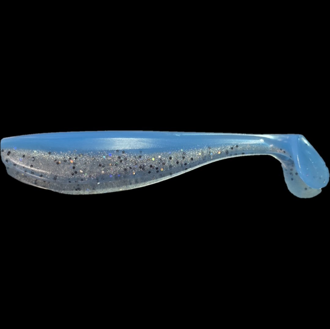 5.25 inch paddle tail soft plastic bait blue in color with silver  belly and black flake by limit out lures