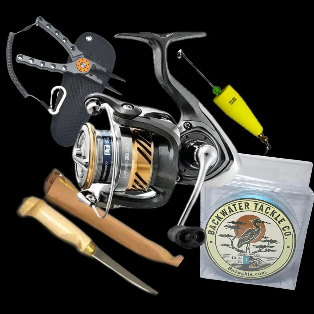 Fishing gear including a reel, pliers, knife, bobber, and Backwater Tackle Co. sticker arranged on a black background.