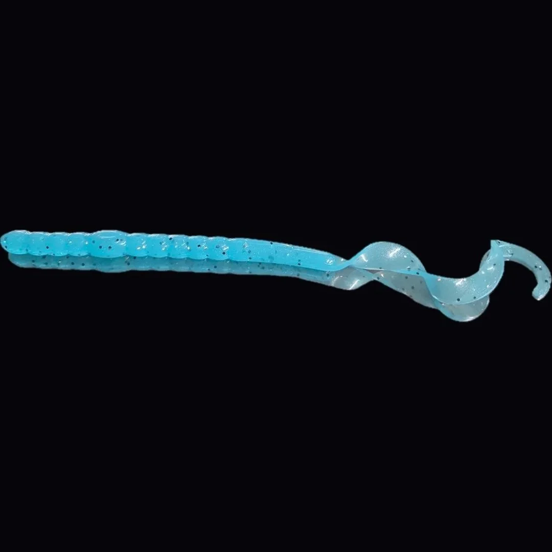 Limit Out Lures ribbon tail worm soft plastic in translucent light blue with black flake