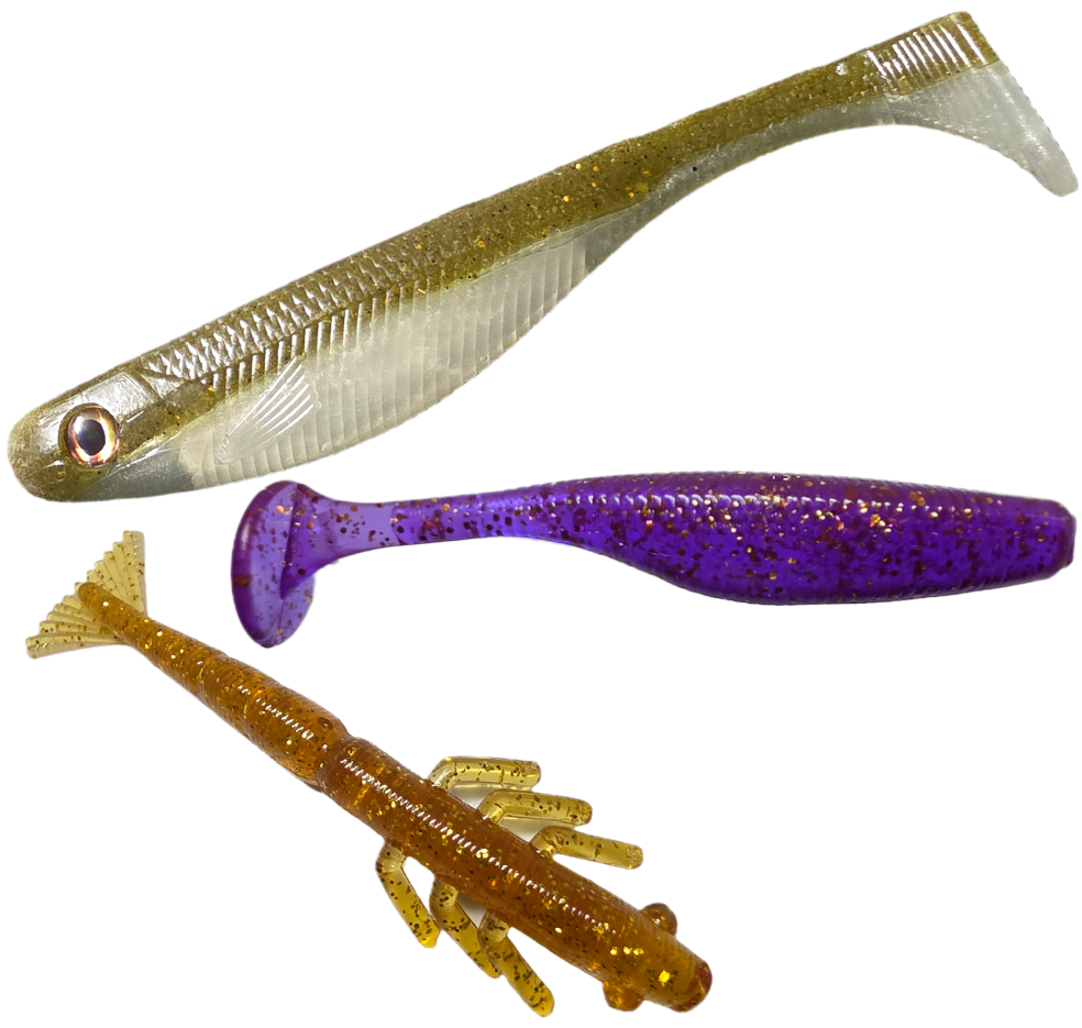 Three soft plastic fishing lures designed Redfish, trout, flounder, sheephead, bonefish and snook fishing.