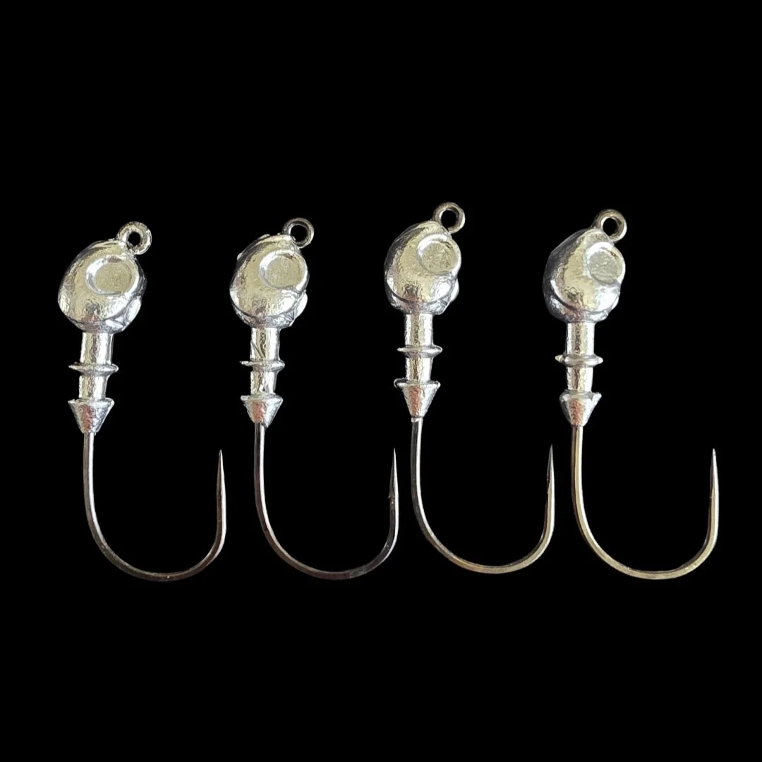 Poison Tail jig heads with 3/0 VMC hooks and ribbed bait keepers to hold your soft plastics. Available in 1/8, 3/16, 1/4 and 3/8 oz. Shop Limit Out Lures.