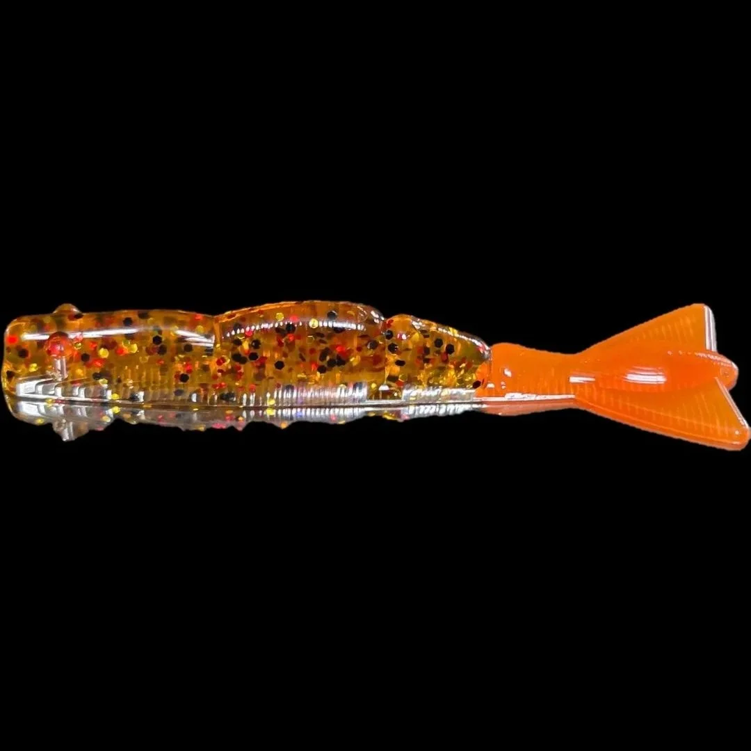 rootbeer and orange soft plastic shrimp limit out lures