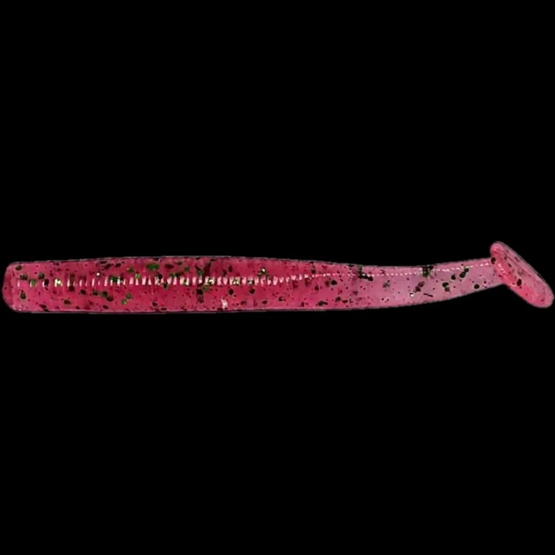 Limit Out Lures paddle tail soft plastic swimbait in translucent pink with green and black flake