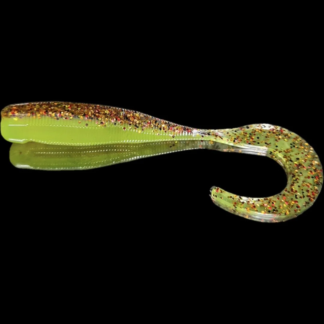 limit out lures custom 5 inch fatty grub chicken head with chartreuse and copper flake
