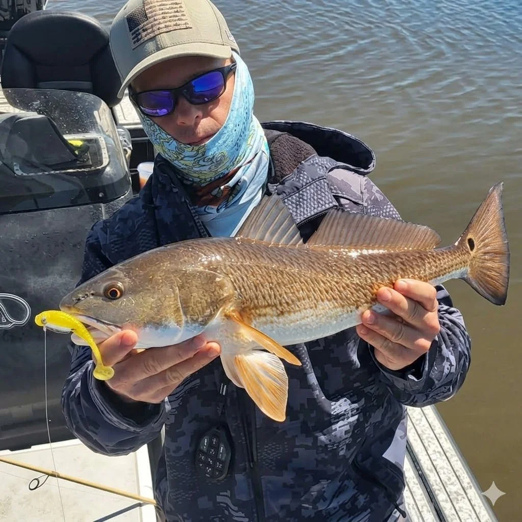 Person wearing sunglasses, a hat, and a neck gaiter holding a fish with a yellow soft plastic lure in its mouth, on a boat near water.