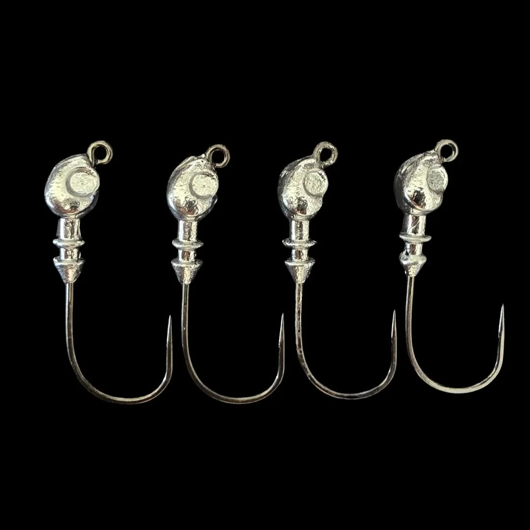 Poison Tail jig heads with 3/0 VMC hooks and ribbed bait keepers to hold your soft plastics. Available in 1/8, 3/16, 1/4 and 3/8 oz. Shop Limit Out Lures.