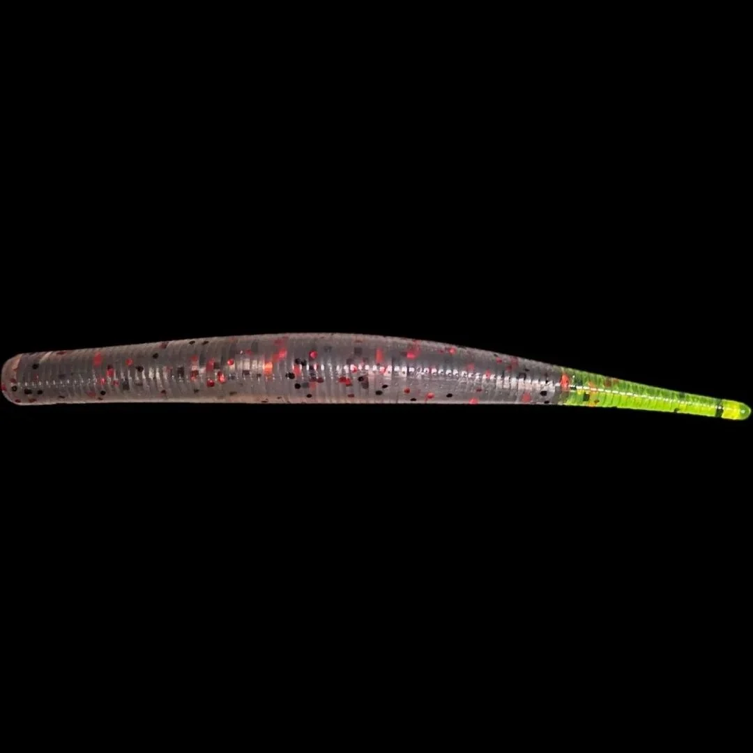trout tease 5-inch straight tail worm clear with red glitter chartreuse taillimit out lures