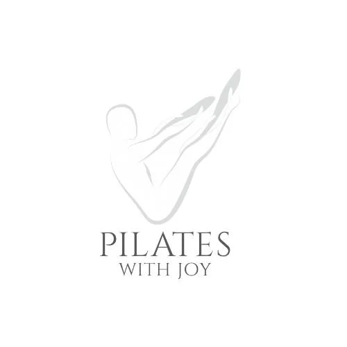 A minimalist logo with a line drawing of a person doing a Pilates move, with the text 'Pilates with Joy' underneath.