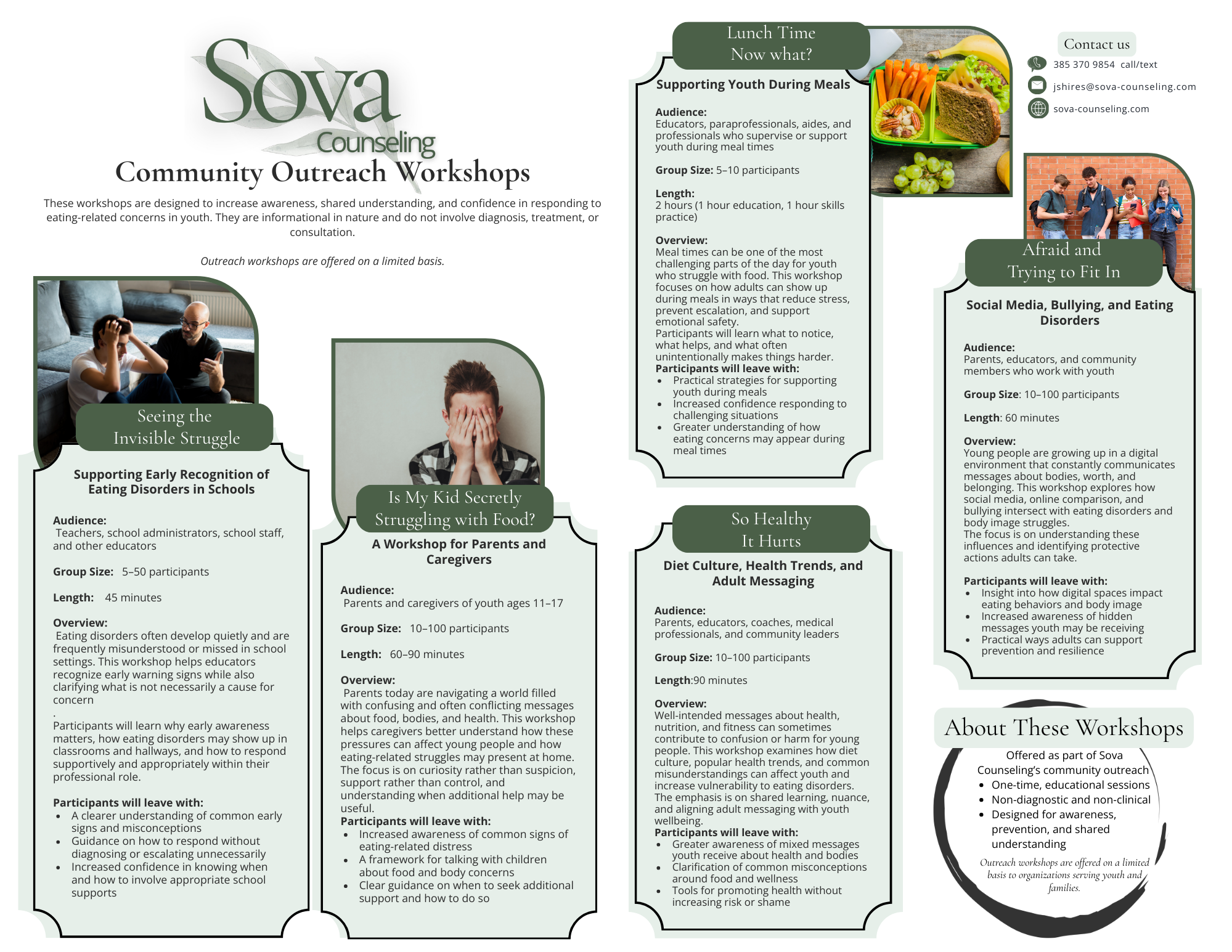 Sova Counseling community outreach workshops focused on eating concerns, youth mental health, and family support