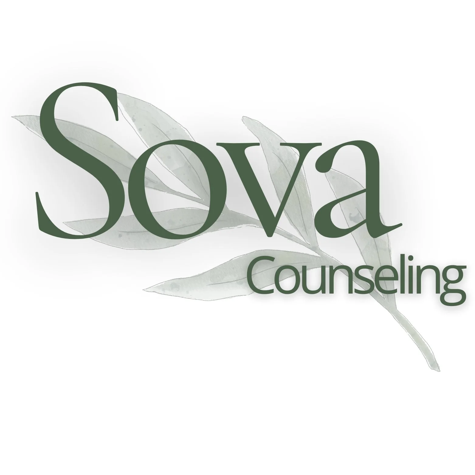 Sova Counseling logo with stylized green text over a pale green leafy background