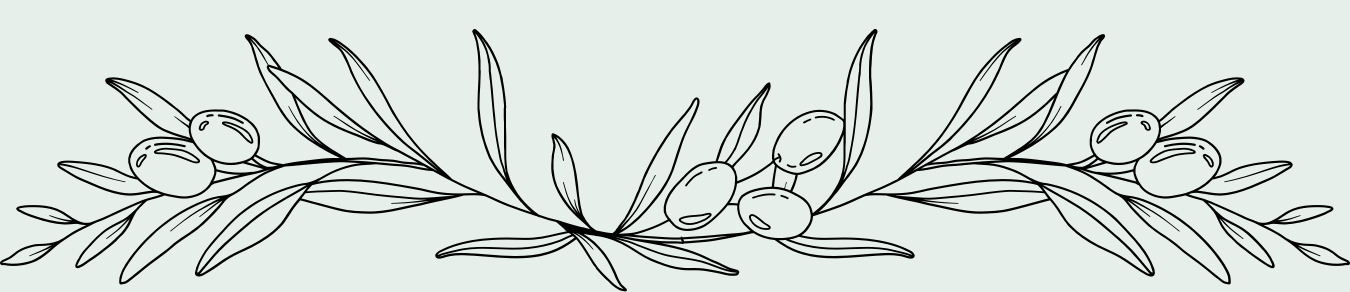 Line drawing of olive branches with leaves and olives.