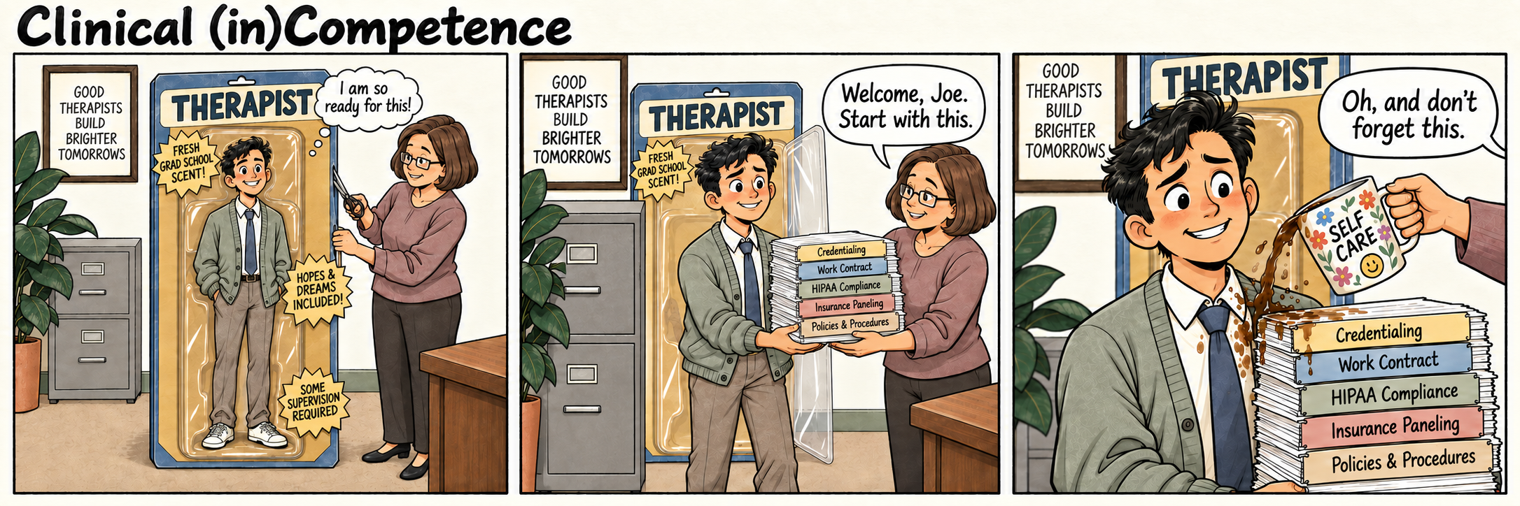 Three-panel cartoon called Clinical (in)Competence showing a new therapist’s onboarding: a supervisor presents paperwork on credentialing, work contracts, HIPAA compliance, insurance paneling, policies and procedures, then pours self-care from a mug.