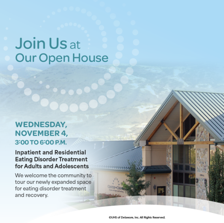 Open house announcement for Center of Excellence in Eating Disorders featuring an adult and adolescent treatment center building, Wednesday, November 4, 3–6 p.m.