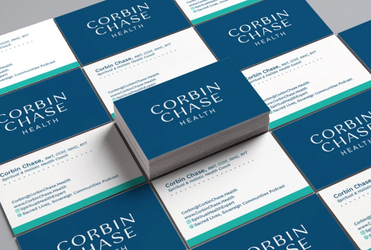 Multiple stacks of business cards for Corbin Chase Health, featuring a dark blue background and white text.