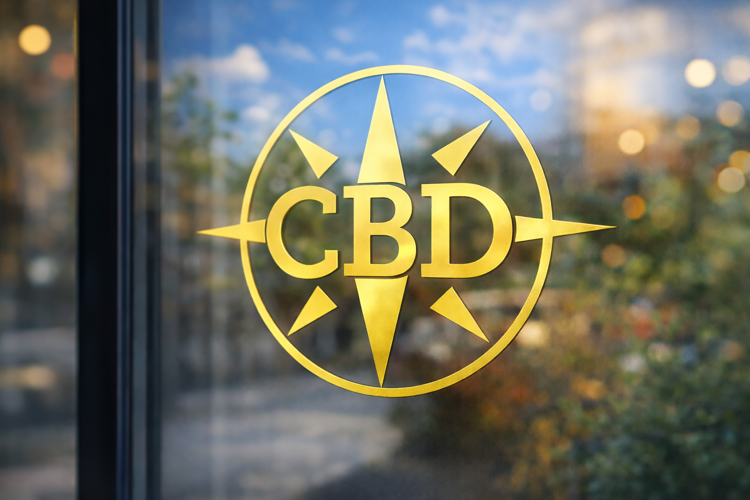 Glass window with a gold decal featuring a compass rose design and the letters CBD in the center.