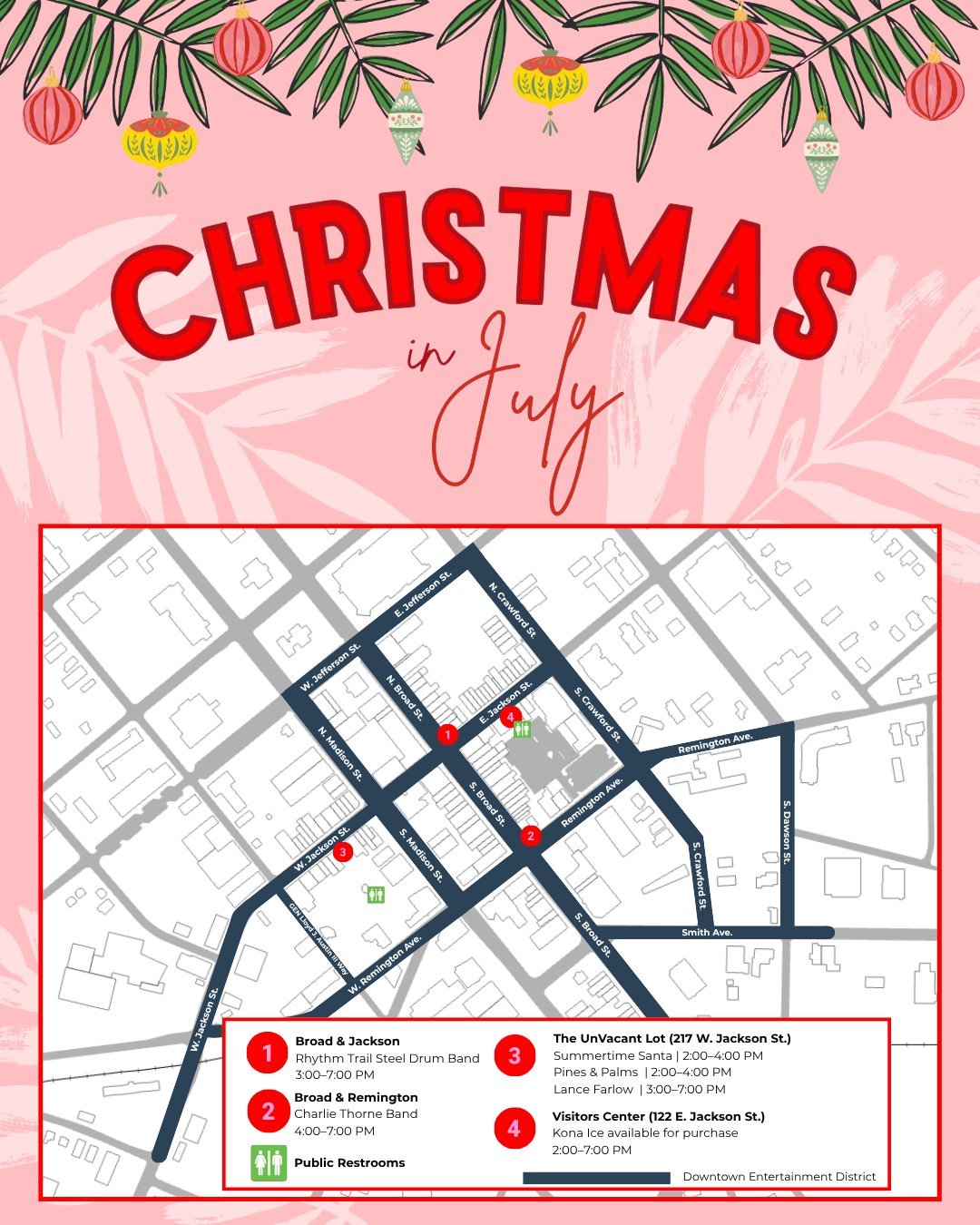 🎄☀️ TODAY'S THE DAY! ☀️🎄

Christmas in July is happening TODAY in Downtown Thomasville! Grab your favorite tropical attire, shop local, enjoy live entertainment, and don't forget &mdash; you can purchase a beverage from participating downtown busin