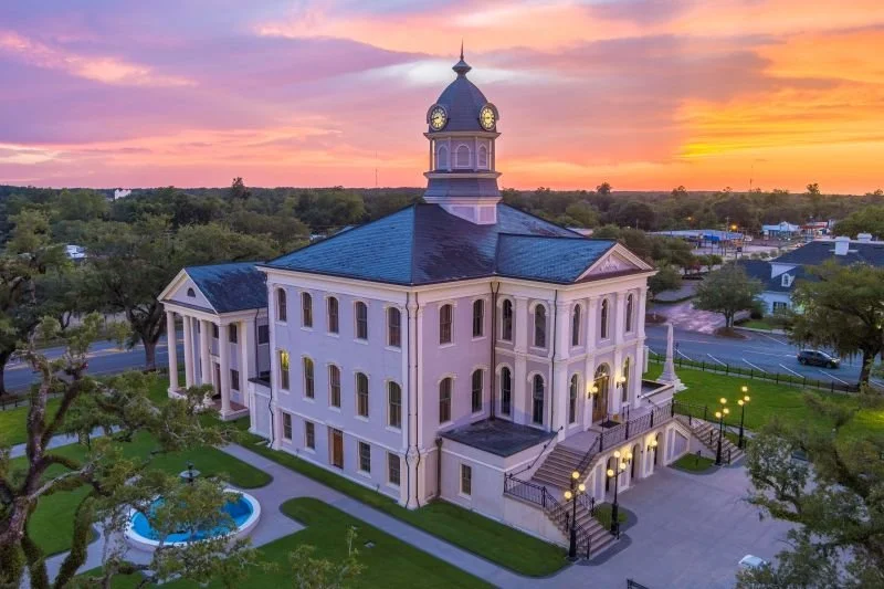 the Thomas County Courthouse in Thomasville, Georgia, illuminated at sunset