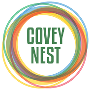 Logo with green text reading "COVEY NEST" inside a colorful, sketched circular frame