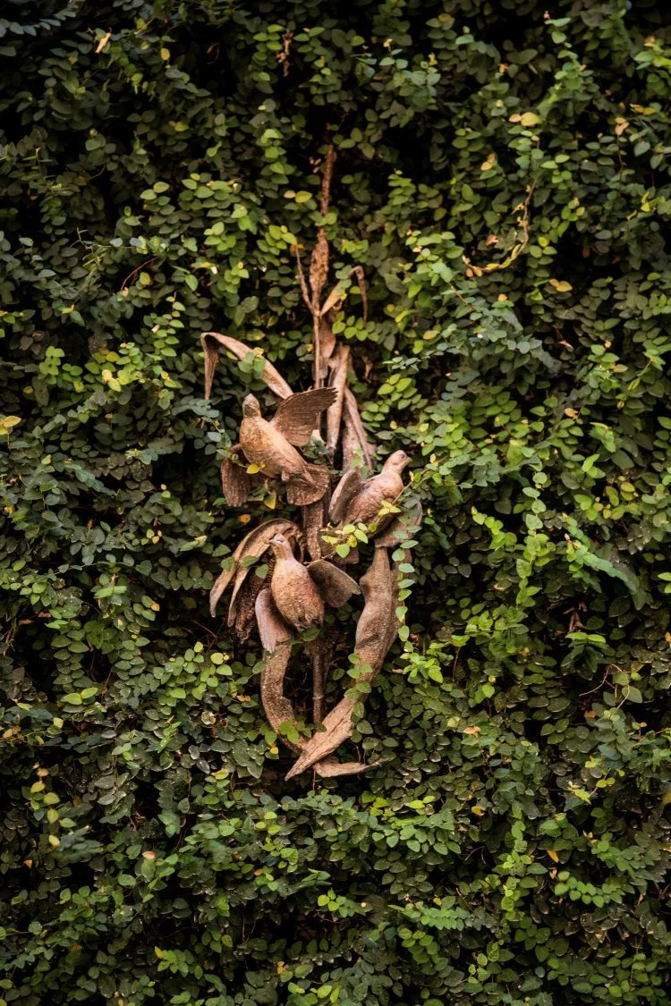 A wall of dense green foliage with a cluster of sculpted bronze birds attached to it.