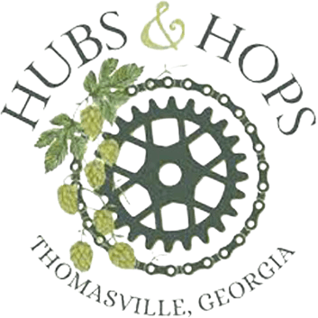 Logo for Hubs & Hops in Thomasville, GA, featuring a bicycle gear, chain, and hop vines