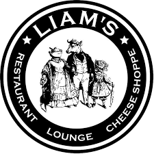 Liam's Restaurant, Lounge & Cheese Shoppe circular black and white logo with anthropomorphic cows