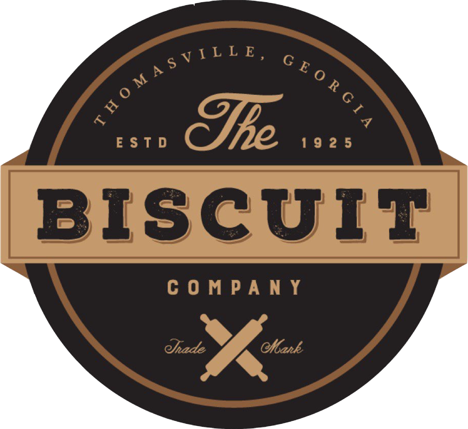 Circular dark logo with a brown banner reading "The BISCUIT COMPANY"