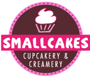 Logo for Smallcakes Cupcakery & Creamery featuring a cupcake icon inside a pink and brown circle