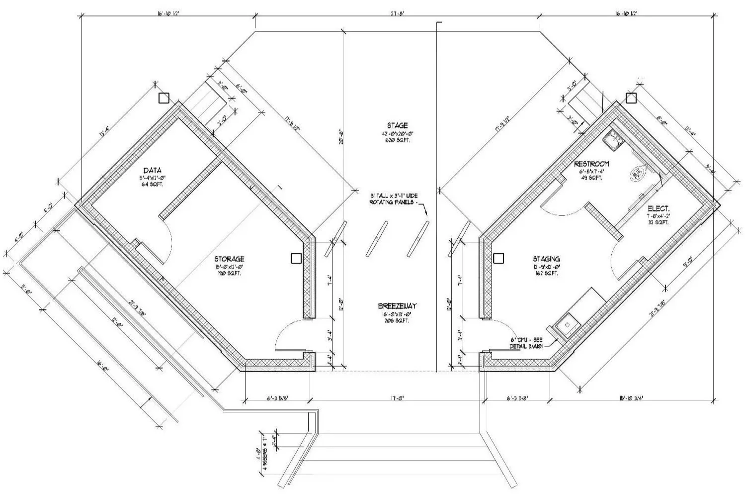 Architectural blueprint of the Ritz Amphitheater with labeled rooms and dimensions