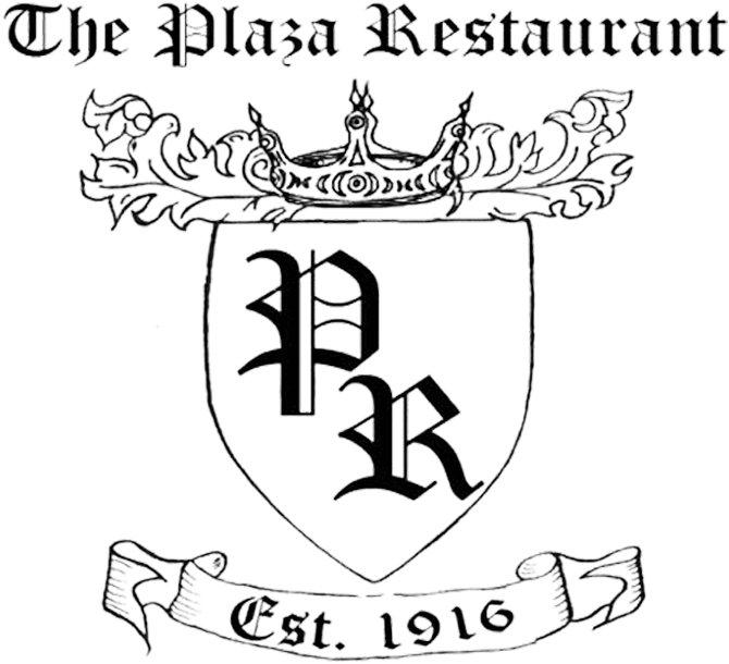 Logo for The Plaza Restaurant, Est. 1916. Shield crest with "PR" initials and a crown