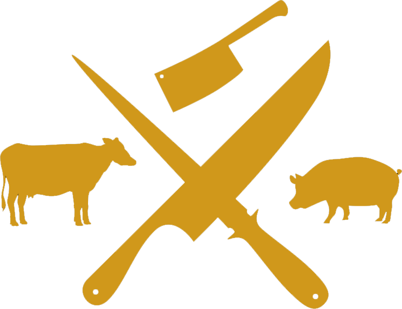 Chop House on the Bricks logo of gold crossed butcher knives flanked by a cow and a pig