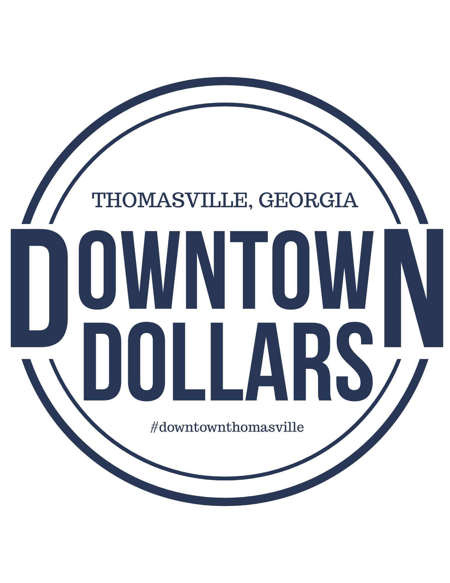 A circular badge with the words "Downtown Dollars" in navy blue text on a white background