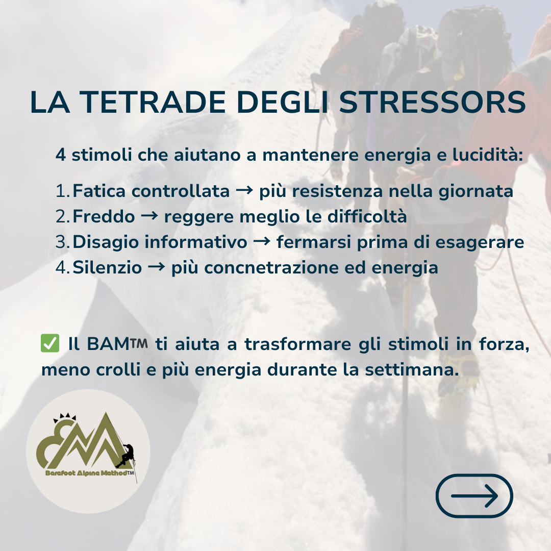 Testo informativo sulla Tetraedro degli Stressors con informazioni e consigli, con sfondo di host di montagna con attrezzatura da escursionismo. Gli stimoli diventano strumenti di crescita, adattamento, resilienza e autoefficacia