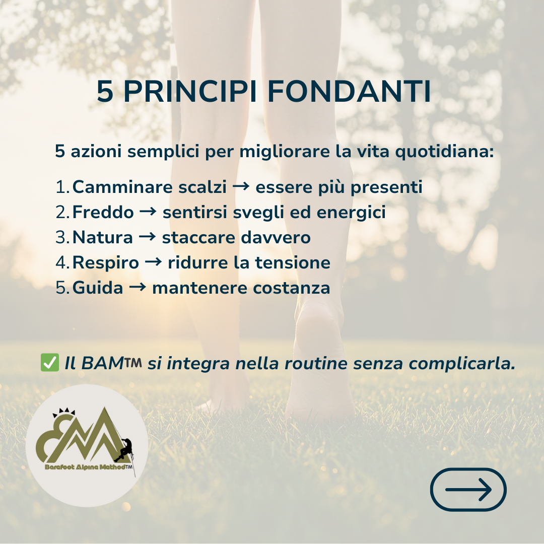 Infografica con cinque principi per migliorare la vita quotidiana, tra cui camminare scalzi, sentirsi svegli, staccare dalla natura, ridurre la tensione e mantenere costanza, con logo di Barefoot Alpine Method.