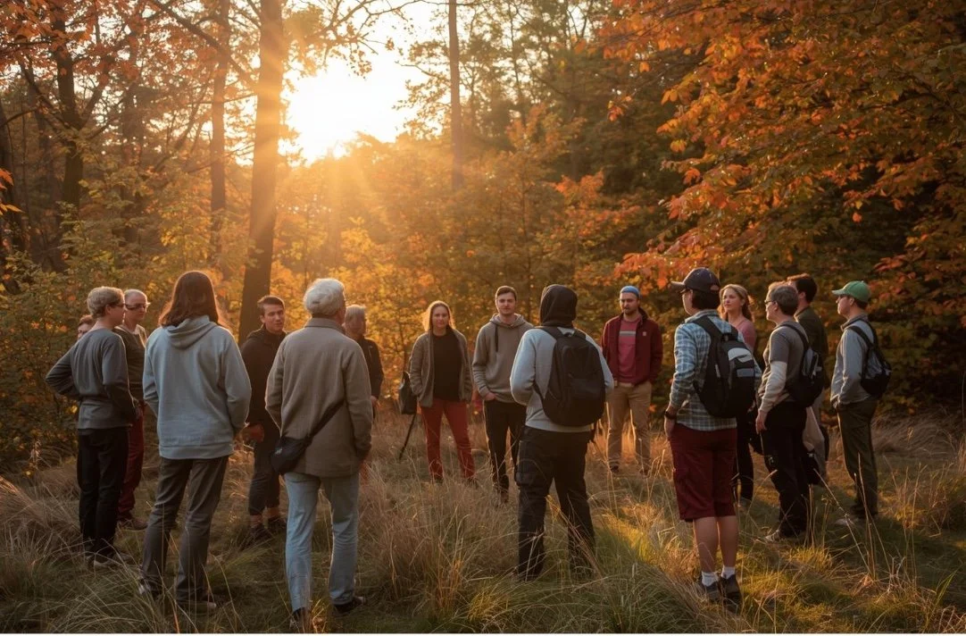 Gruppo di persone in un'escursione autunnale in un bosco durante il tramonto. Gruppo che fa esperienza di gruppo dei metodi di coaching e respiro. Seminario di gruppo oppure retreat