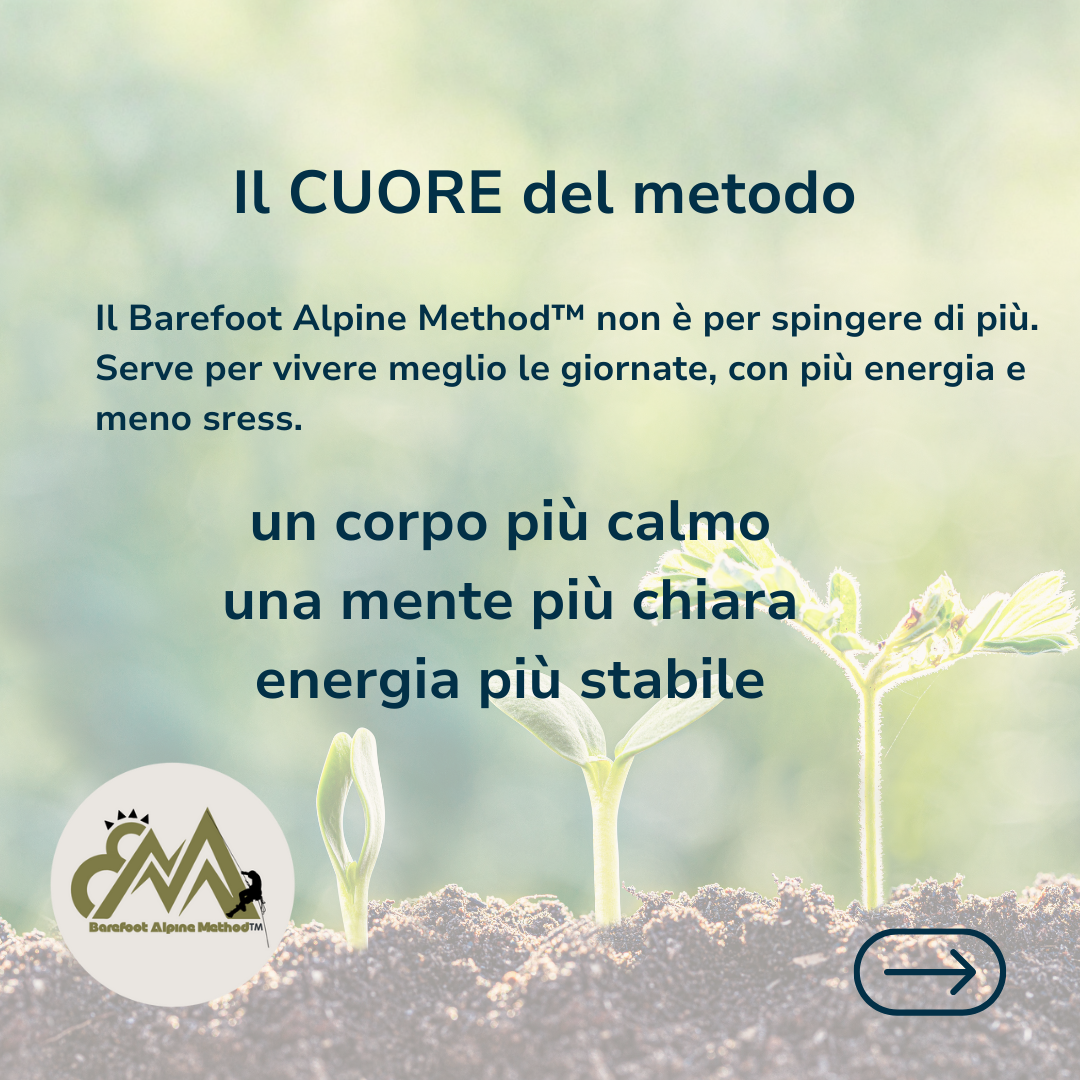 Testo sulla salute e benessere con uno sfondo di piantine che crescono dalla terra, logo di Barefoot Alpine Method, freccia di navigazione in basso a destra.