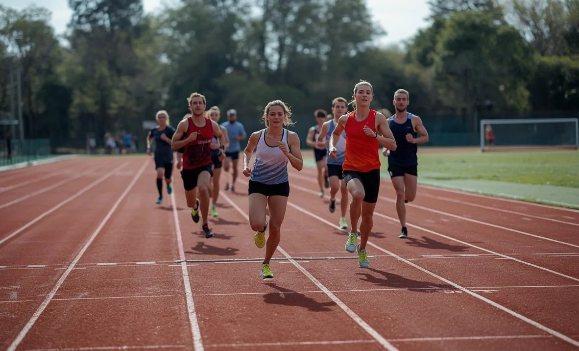 Gruppo di persone che corre su una pista da atletica all'aperto durante il giorno. Seminari di respiro e coaching per lo sport.