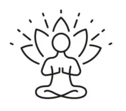 Line drawing of a person meditating in a seated yoga pose with lotus petals and radiating lines behind them.