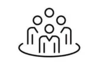 Icon of five people standing in a circle with a small circle above each person's head.