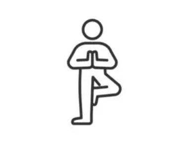 Line drawing of a person in a yoga tree pose with hands pressed together in front of the chest.