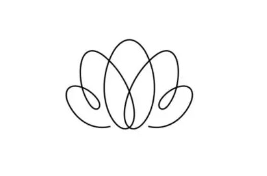 A minimalist black and white line drawing of a lotus flower.
