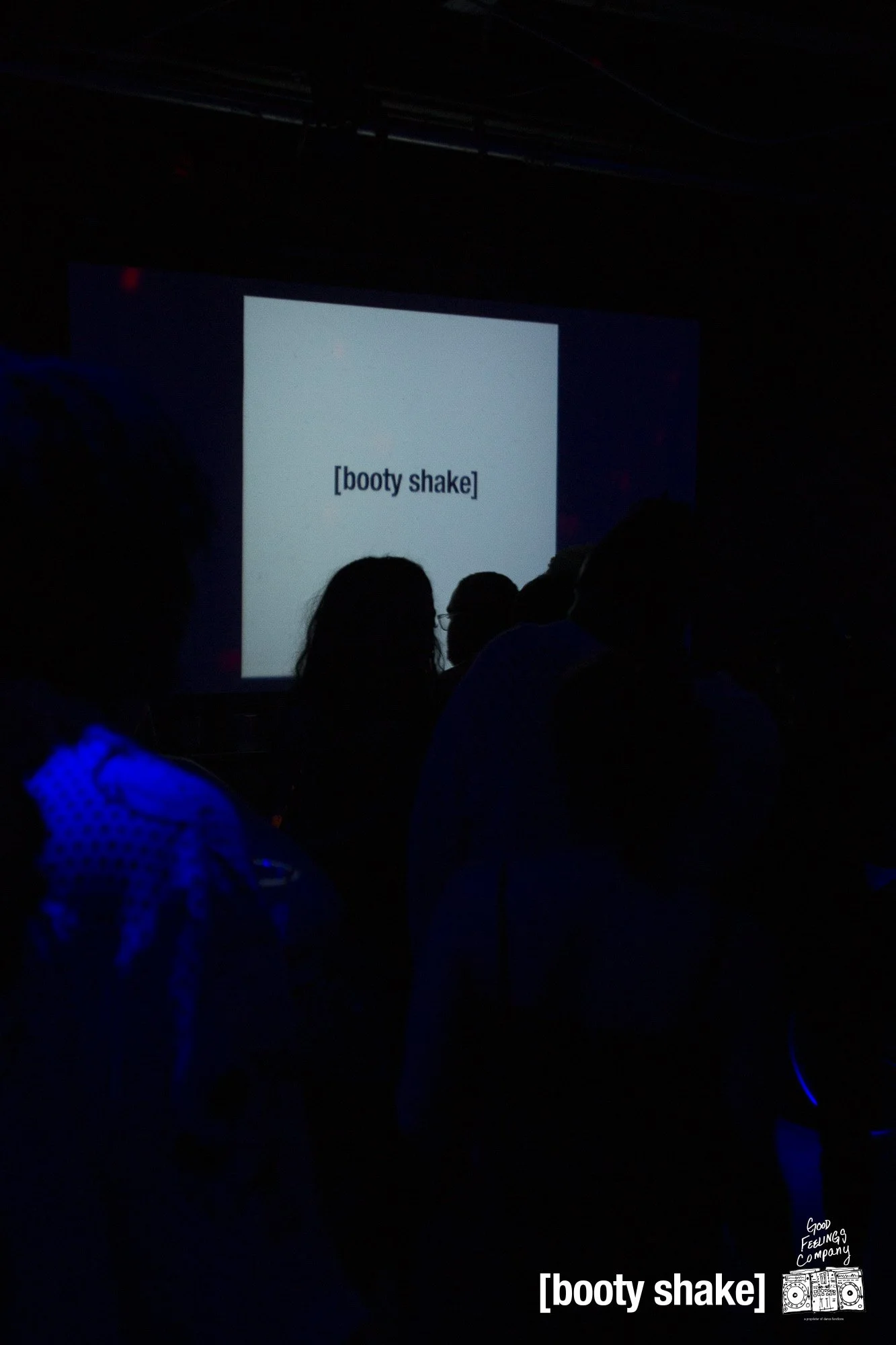 A darkened room with silhouettes of people facing a projection screen displaying the text '[booty shake]'.